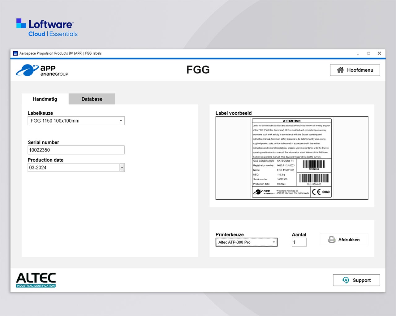 Loftware Cloud Essentials applicatie voor het beheren en afdrukken van FGG-labels met serienummers en productiedata